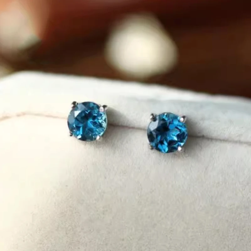 VVS Grau Londres Topázio Azul Brincos 5mm Natural Mtopaz Brincos de Prata 925 Brincos de Pedras Preciosas de Prata