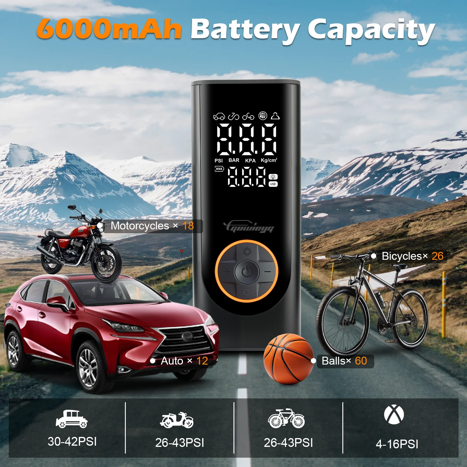 GUWIEYG 150 PSI Air Pump Cordless Tire Inflator Portable Air Compressor 150 PSI Air Pump for Car Tires with 6000mAh Battery - Image 2