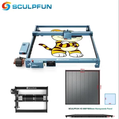 Sculpfun s70 max máquina de gravação a laser com placa de favo de mel de 800*800mm e suporte de rolo foco automático 70w laser 50l assistência de ar
