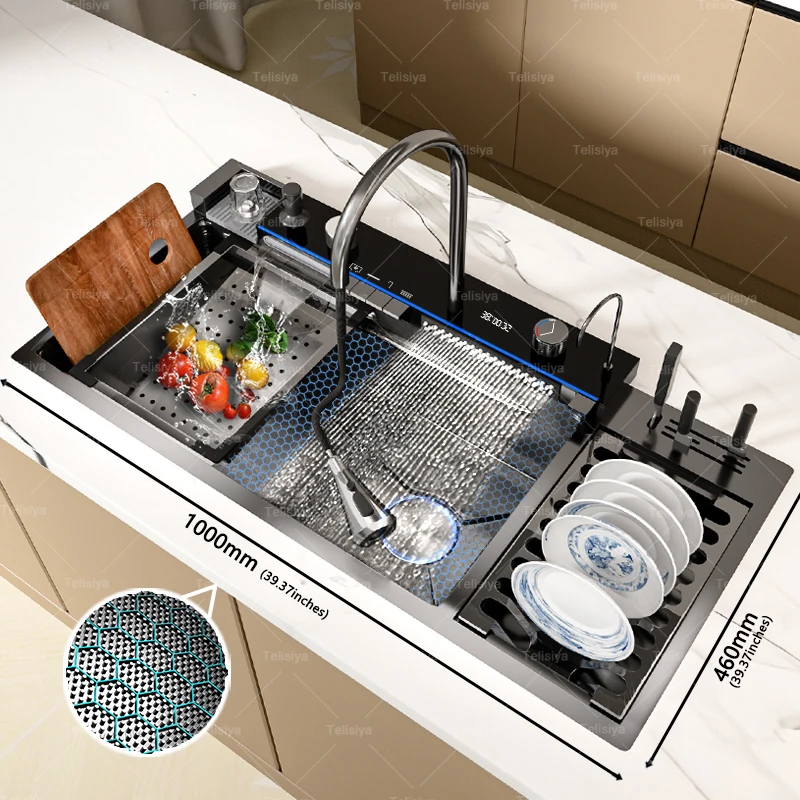 Pia de cozinha de aço inoxidável display digital cachoeira lavatório multifuncional com rack para faca grande slot único - Image 4
