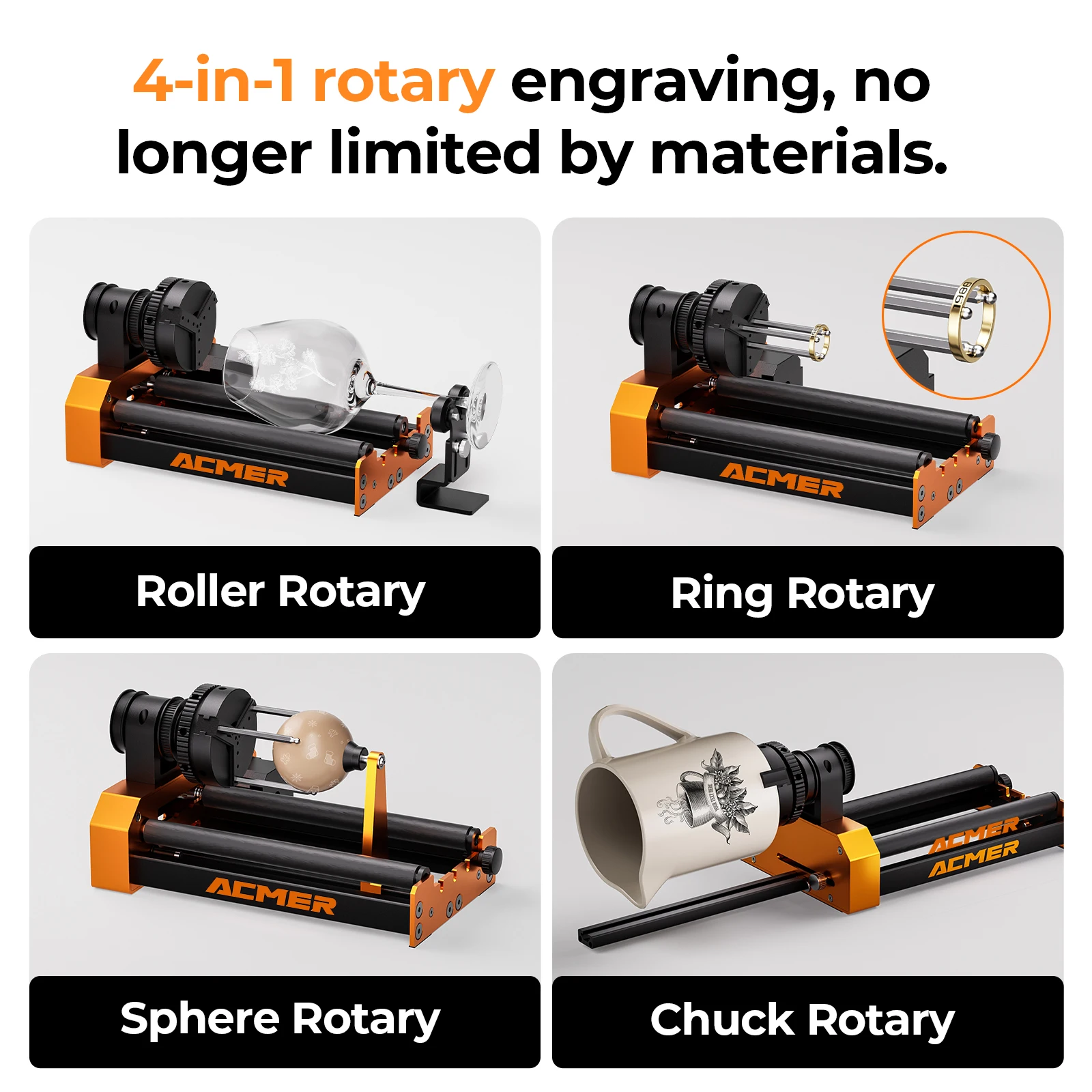 Mandril de rolo rotativo de 3 mandíbulas ACMER M4 para gravadores a laser 360 ° Pinça de rotação com diâmetro 4-64 mm, ideal para copos, anéis, objetos curvos - Image 3