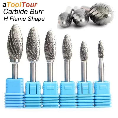 H Flame Shape 6mm 1/4" Shank Mould Carving Grinding Cut Tungsten Carbide Burr Rotary Tool File Bits Milling Cutter Metal Wood