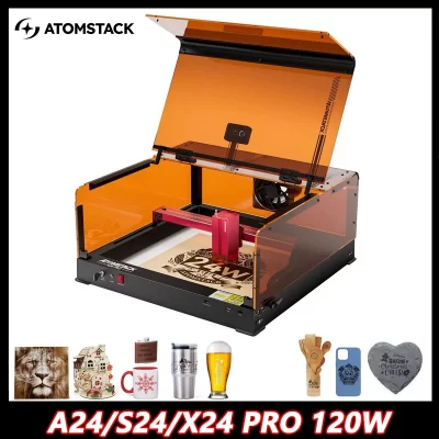 Atomstack a24 x24 ultra 120w gravador a laser com caixa protetora cnc madeira acrílico vidro mármore copo de água anel cortadores a laser