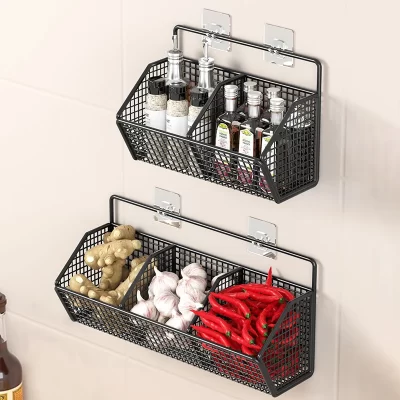 Rack De Armazenamento Montado Na Parede, Prateleira De Cozinha, Sem Soco, Cesta De Drenagem De Frutas Vegetais, Cebola, Gengibre, Alho, Condimentos, Especiaria