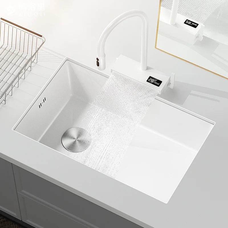 Pia de cozinha de aço inoxidável branca com display digital multifuncional torneira cascata grande lavatório para acessórios de cozinha - Image 2
