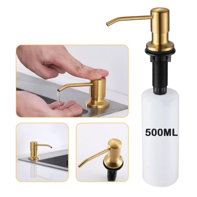500ml ouro dispensador de sabão líquido pia da cozinha bancada aço inoxidável construído na mão dispensador de sabão bomba grande capacidade 17 oz