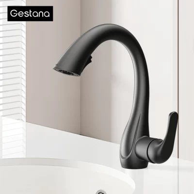 Pistola de luxo cinza latão torneira da cozinha controle toque pull out único punho água quente e fria 2 funções misturadora com rotação 360
