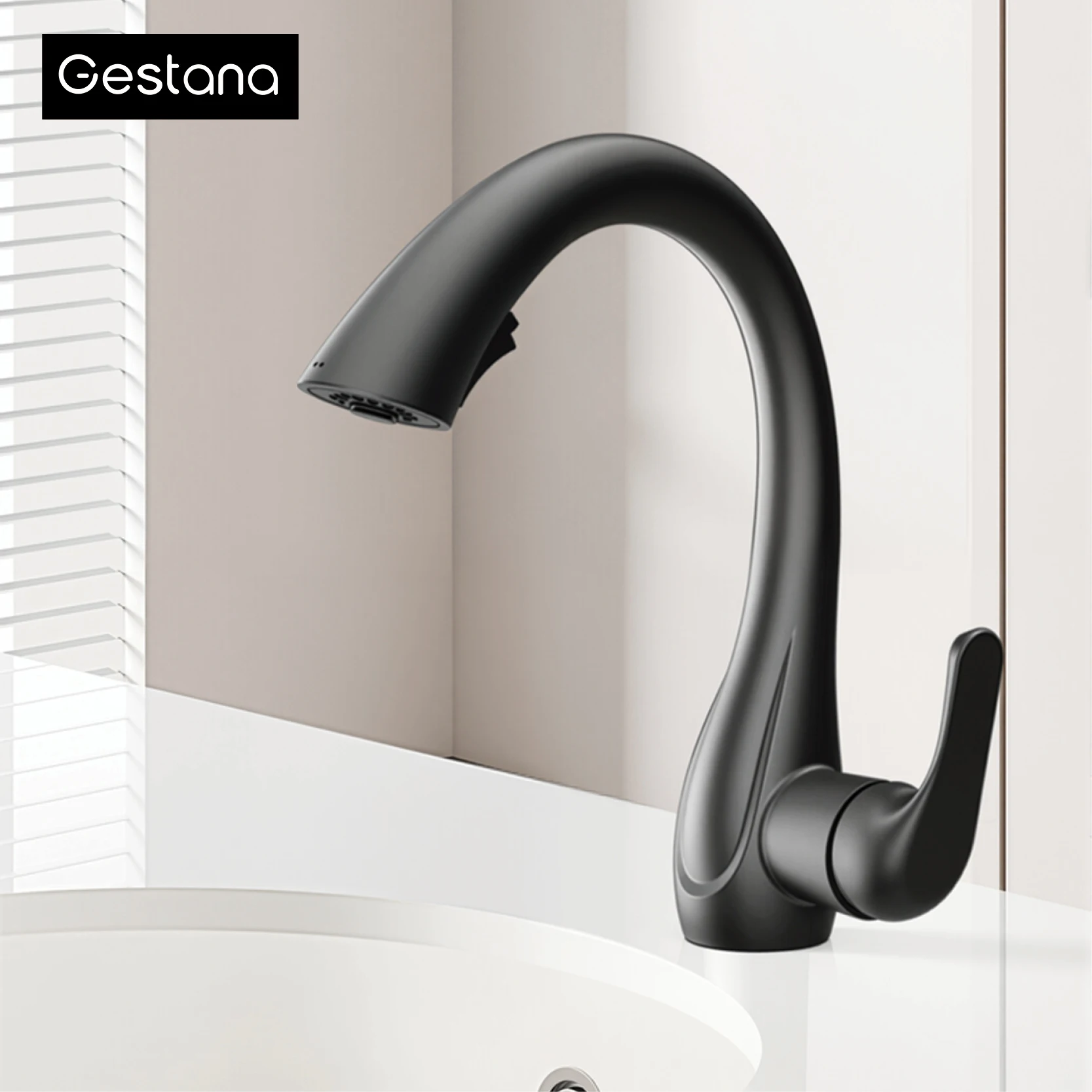 Pistola de luxo cinza latão torneira da cozinha controle toque pull out único punho água quente e fria 2 funções misturadora com rotação 360