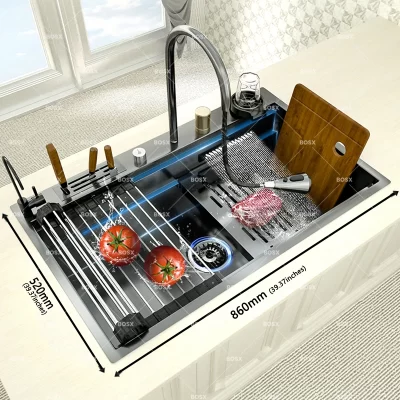 Pia de cozinha de aço inoxidável grande slot único multifuncional torneira cascata para lavar louça e bacia vegetal