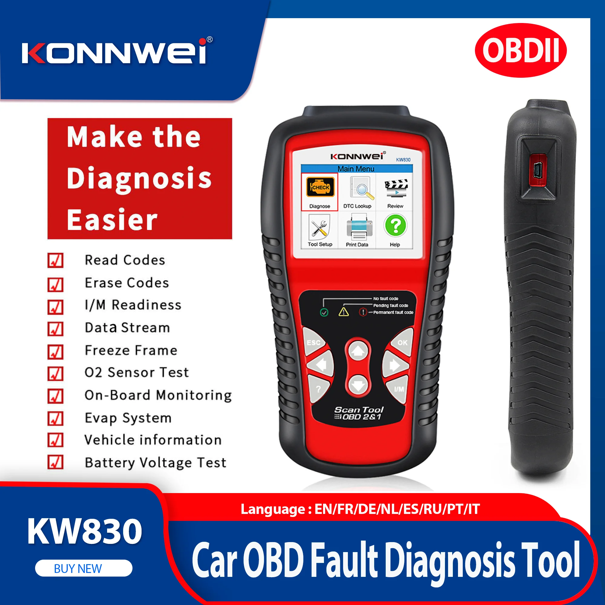 Konnwei kw830 ferramenta de scanner de carro leitor de código automático obd2 obdii ferramenta de diagnóstico leitura e claro código de falhas do veículo ferramenta de verificação