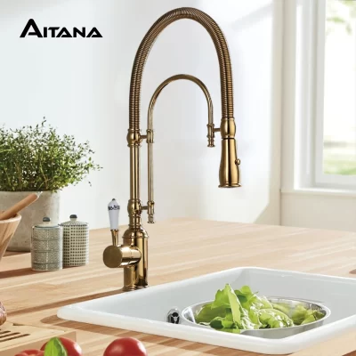 AITANA-Torneira de cozinha de latão de luxo com alça dupla, Misturador para pia de 2 funções, Torneira dourada com design retro, quente e frio, controle duplo