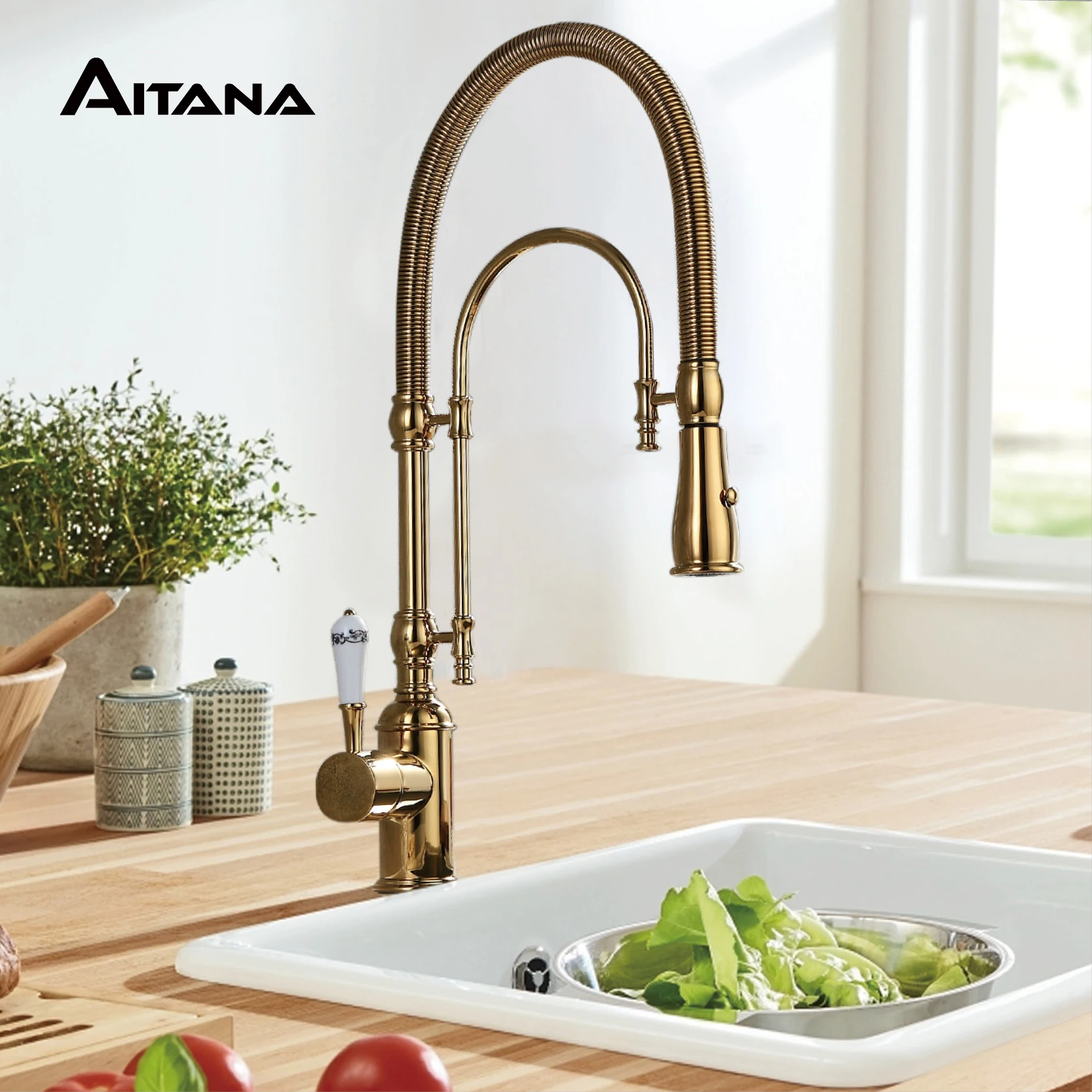 AITANA-Torneira de cozinha de latão de luxo com alça dupla, Misturador para pia de 2 funções, Torneira dourada com design retro, quente e frio, controle duplo