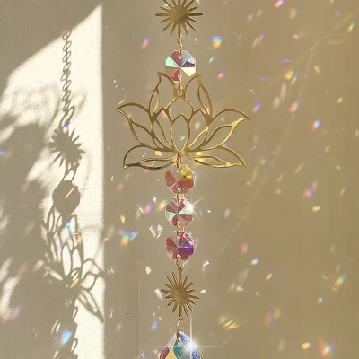 1pc suncatcher jardinagem artesanato lótus dourado ab colorido gota de água pingente decoração de cristal pingente