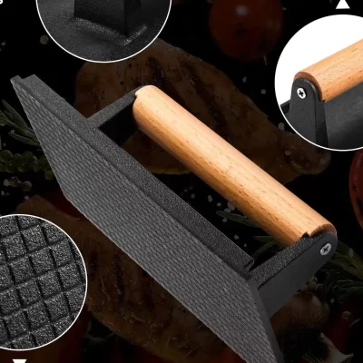 Prensa de Ferro Fundido para Bife e Sanduíche, Utensílio para elhar ao Ar Livre, Acórios para Churrasco Estilo Americano