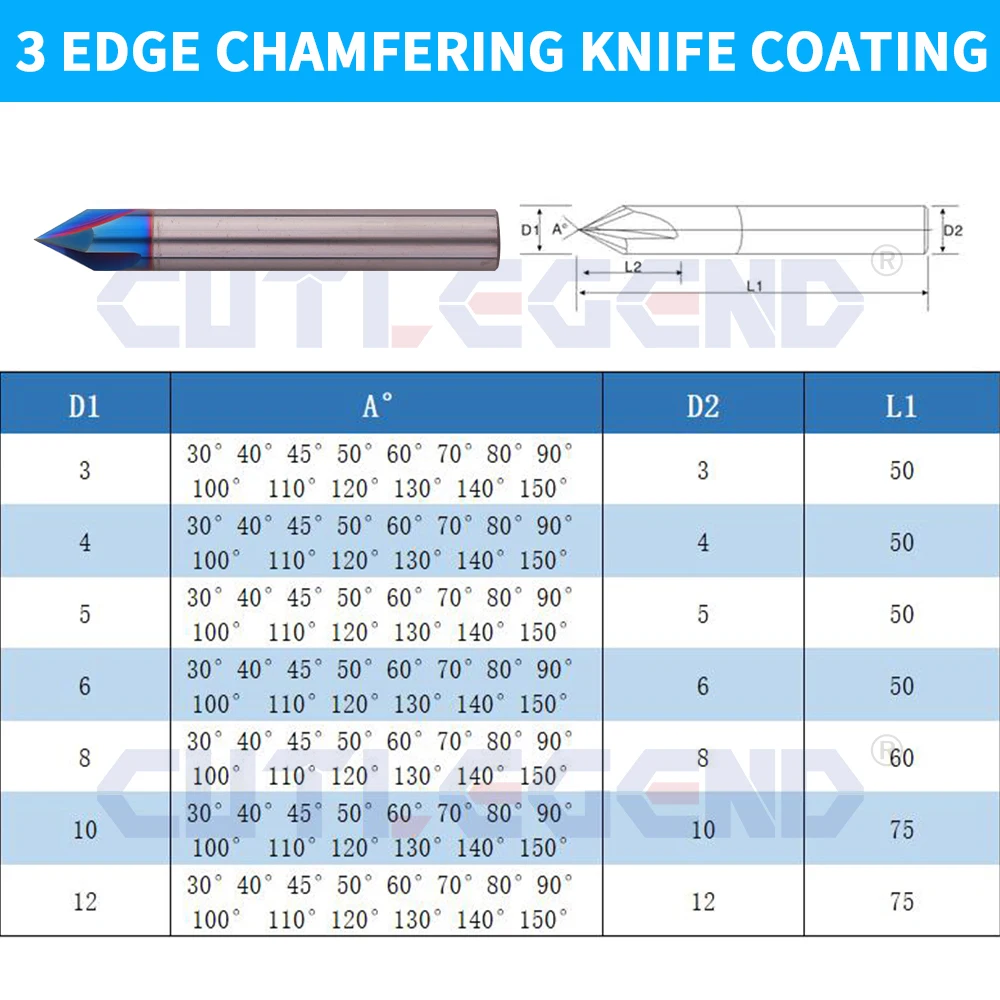 HRC65 Carbide Chamfer Milling Cutter 30 40 45 50 60 70 80 90 100 110 120 150 160 degree Tungsten Steel 3 Flutes Chamfering Mill - Image 5