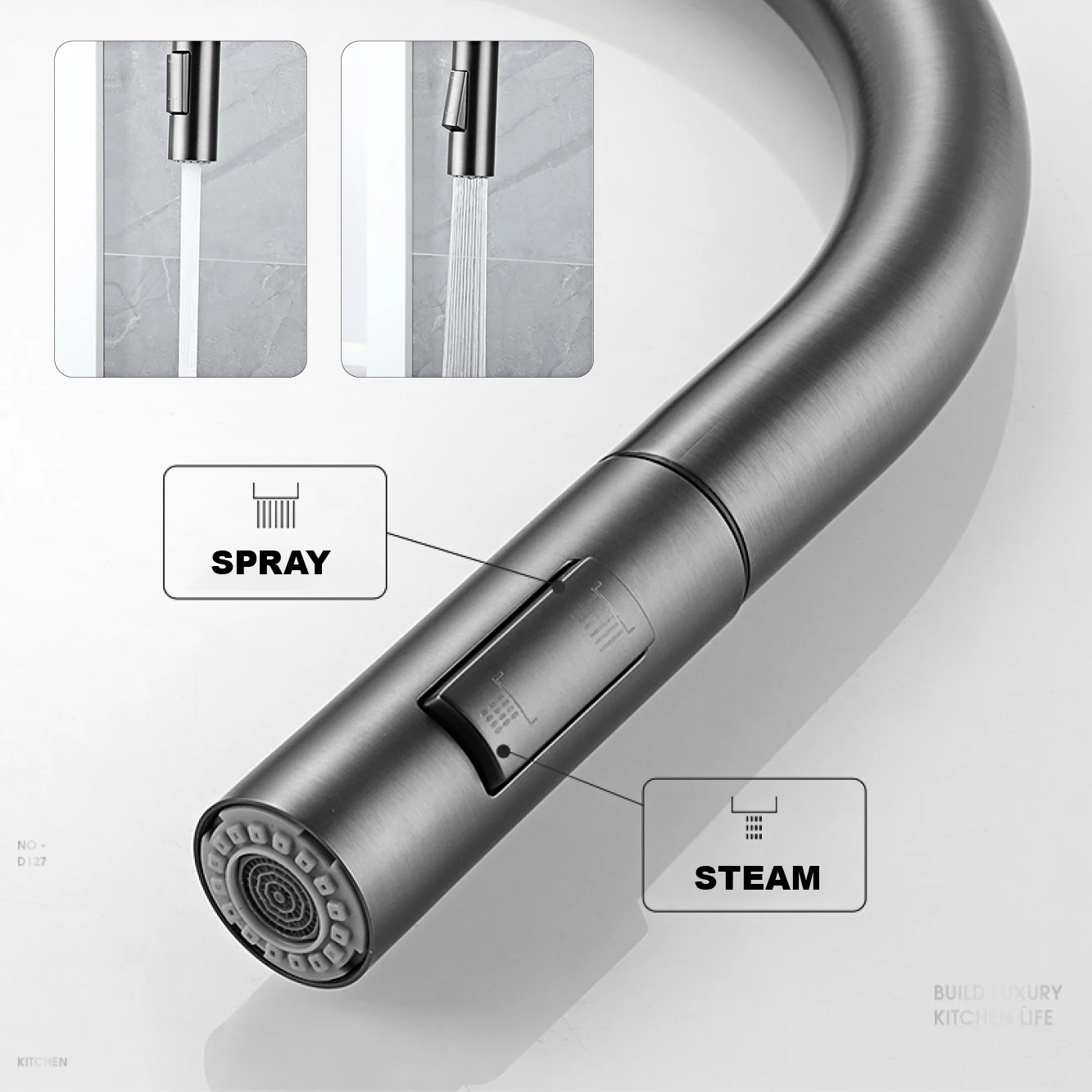 High-end arma cinza latão torneira da cozinha design de indução único punho frio e quente controle duplo 2 função simples torneira da pia - Image 6