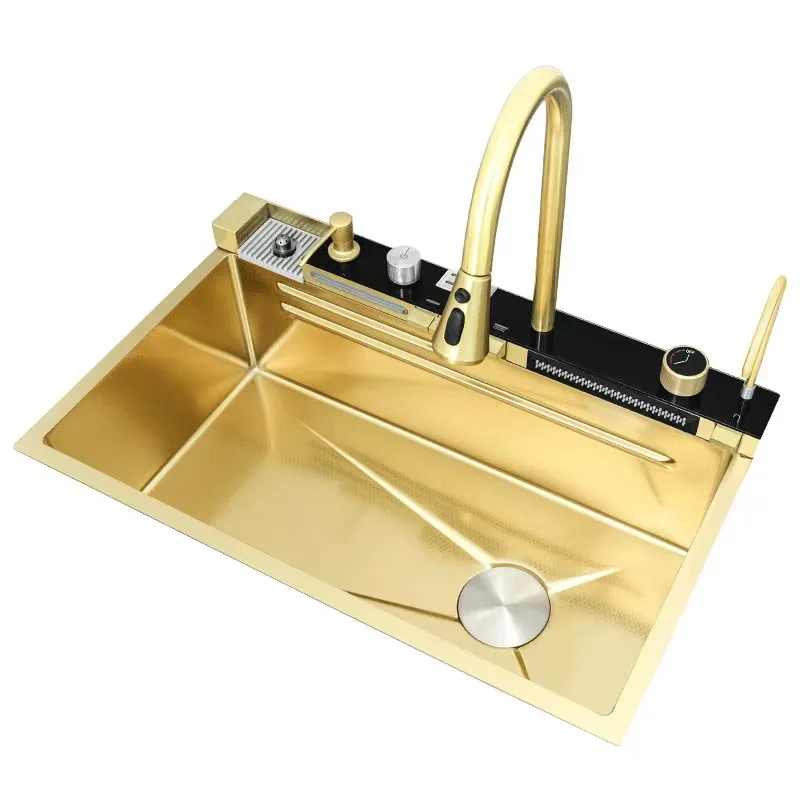 Ouro multifuncional cozinha cachoeira pia de alta qualidade aço inoxidável display digital grande única prato bacia cooper torneira - Image 6