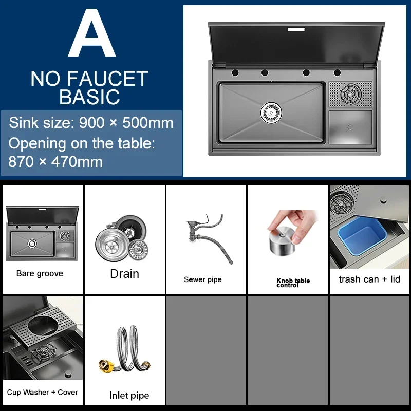 Pia de lavagem de copo escondida com tampa pia de cozinha lavatório de aço inoxidável multifuncional grande slot único para cozinha - Image 6
