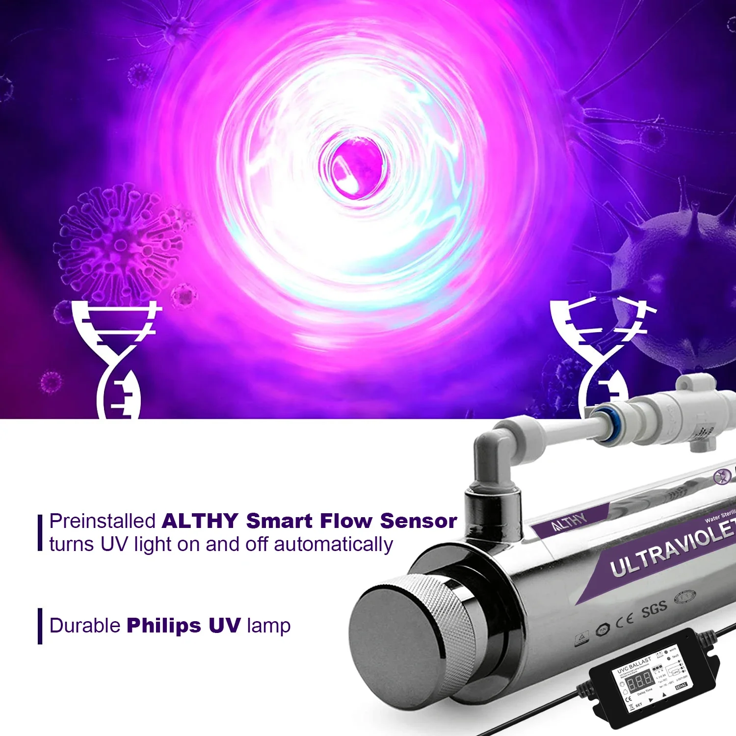 Althy uv ultravioleta esterilizador de água purificador sistema desinfecção filtro lâmpada + interruptor fluxo controle aço inoxidável 1gpm - Image 2