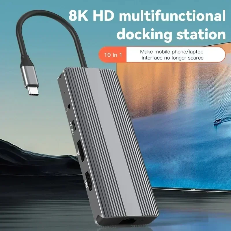 8K Ultra HD Type-C Dock HDMI 2.1 + DP1.4 Multi Tela Espansor de Hub USB Ten em Um