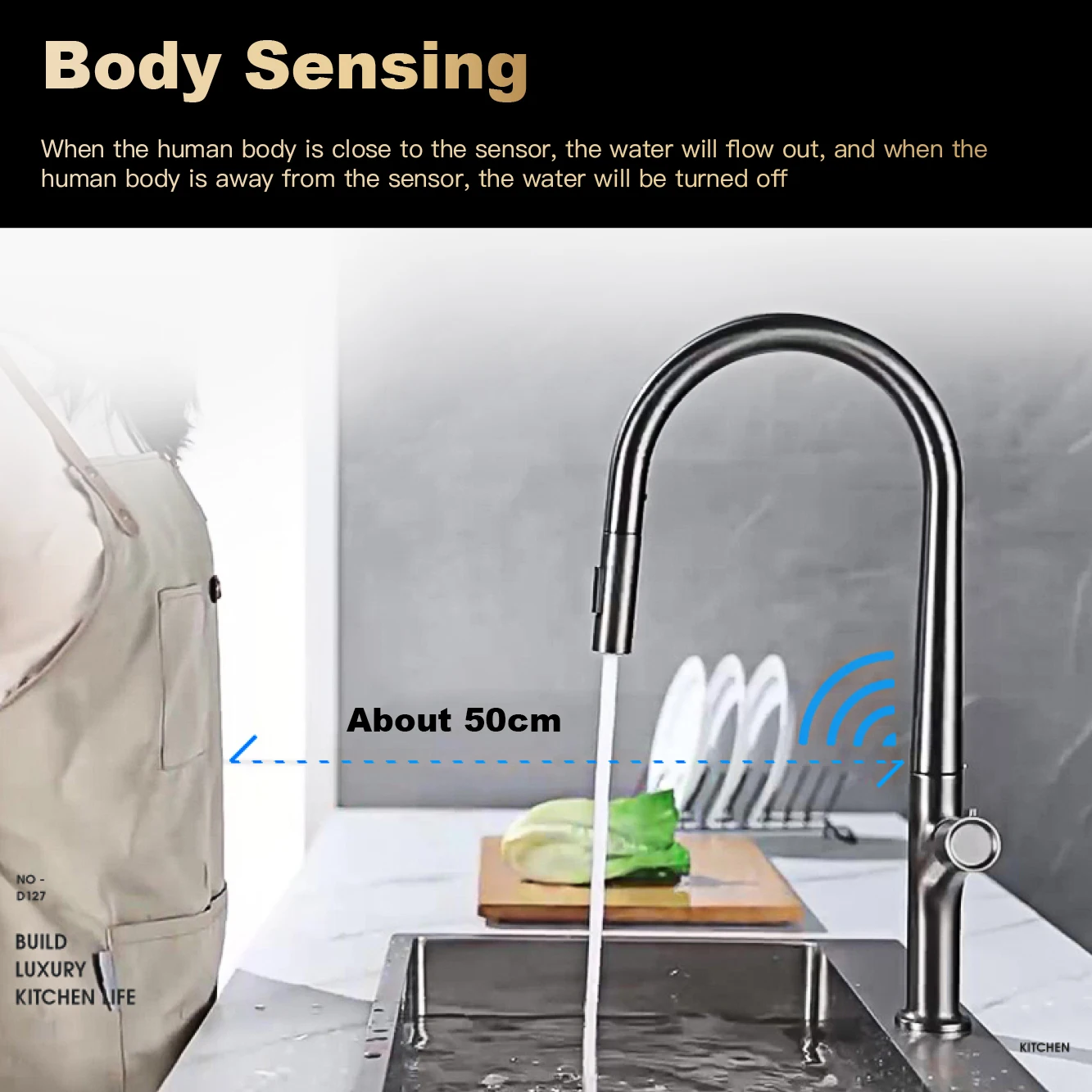 High-end arma cinza latão torneira da cozinha design de indução único punho frio e quente controle duplo 2 função simples torneira da pia - Image 3
