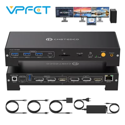 Estação de acoplamento KVM Switch 3 monitores 2 computadores DP 4K @ 120Hz HDMI 4K @ 60Hz para laptop Thunderbolt e PC de até 100W de carga PD