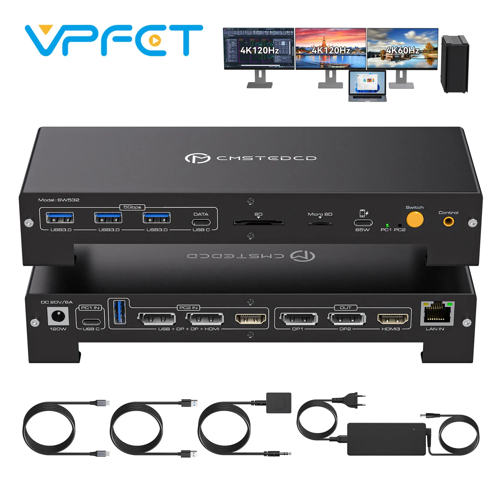 Estação de acoplamento KVM Switch 3 monitores 2 computadores DP 4K @ 120Hz HDMI 4K @ 60Hz para laptop Thunderbolt e PC de até 100W de carga PD