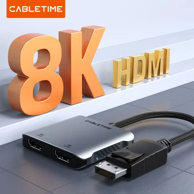 Cabletime displayport para duplo hdmi hub 8k mst 4k 60hz display duplo uhd luz led dp para hdmi hub para display dock para mac portátil