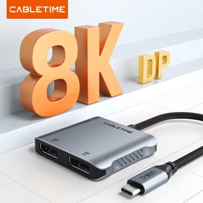 Adaptador Hub USB C 4 em 1 CABLETIME com MST, Dock Dual DP 8K para Dell, Lenovo, Mac, Adaptador Tipo-C para Dual DP com PD 100W