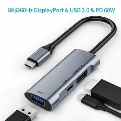 USB C para DisplayPort 1.4 dock 8K 3 em 1 Thunderbolt 3 Tipo C para DisplayPort 1.4 cabo com carregamento PD porta USB 3.0 para Macs