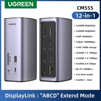 Estação de acoplamento UGREEN USB C 12 em 1 DisplayLink 8K/4K 2HDMI DP HUB de exibição tripla para Mac e Win 10 Gbps PD100W Gigabit RJ45 SD e TF