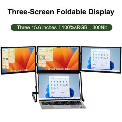 Monitor portátil 100%sRGB 360 da exposição de três telas de 15,6 polegadas ° Tela externa dobrável para laptop/Windows/MacOS/Stock Trading