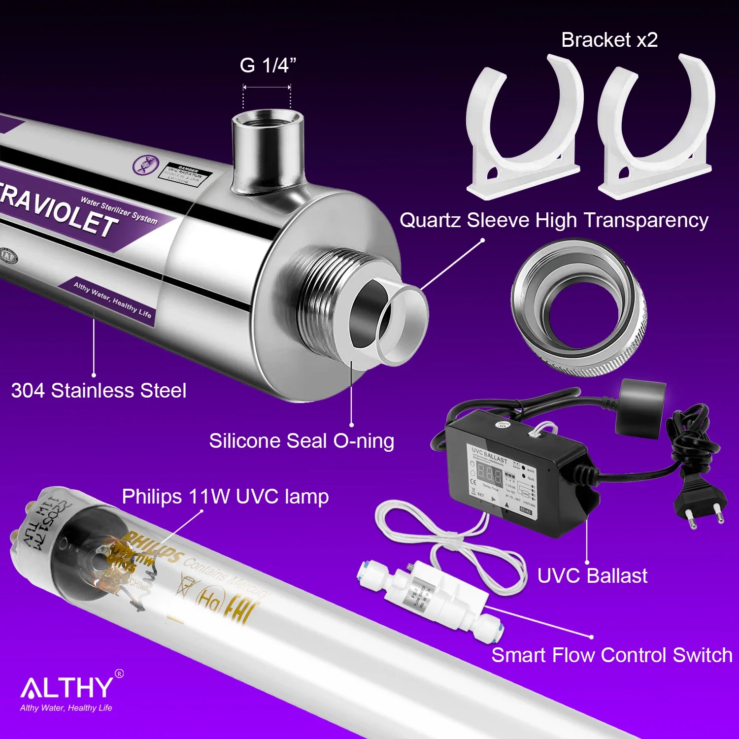 Althy uv ultravioleta esterilizador de água purificador sistema desinfecção filtro lâmpada + interruptor fluxo controle aço inoxidável 1gpm - Image 6