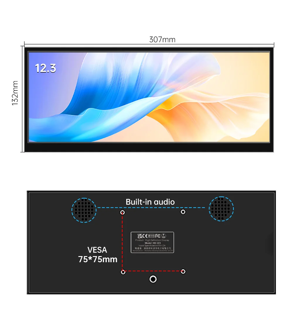 Monitor de tela IPS de 12,3 polegadas 1920x720, monitor extensor de barra LCD HD para laptop/PC/Switch/Xbox, portas tipo C e HDMI