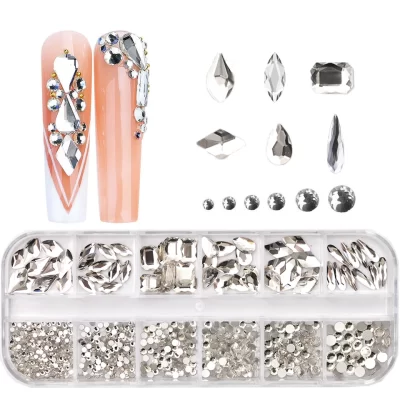 12 Grids Limpar Tamanhos Mistos Nail Art Rhinestones Cristal 3D Glitter Não Hotfix Diamante Decoração Nail Parts Acessórios
