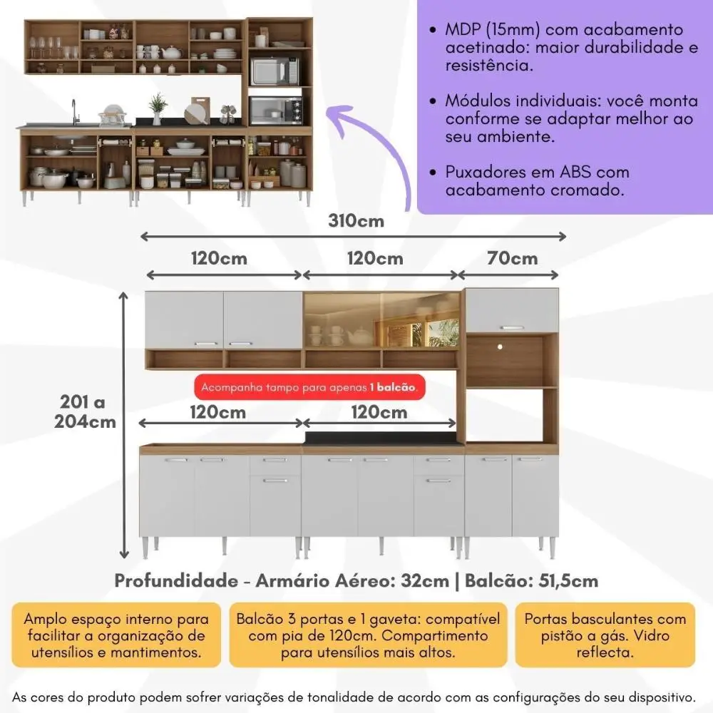 Cozinha Completa Modulada com Armário e Balcão 5 Pçs Paris Multimóveis MP2225 - Image 3