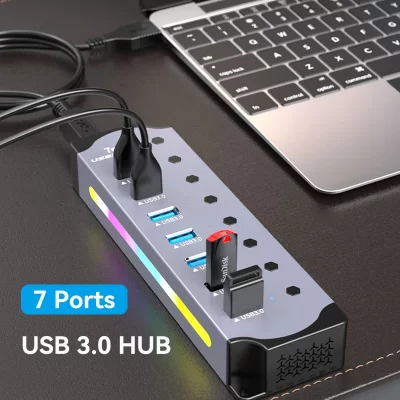 Alta velocidade rgb 7 portas usb 3.0 hub interruptor individual 3.0 adaptador multiport usb um divisor de alumínio hub usb para computador portátil