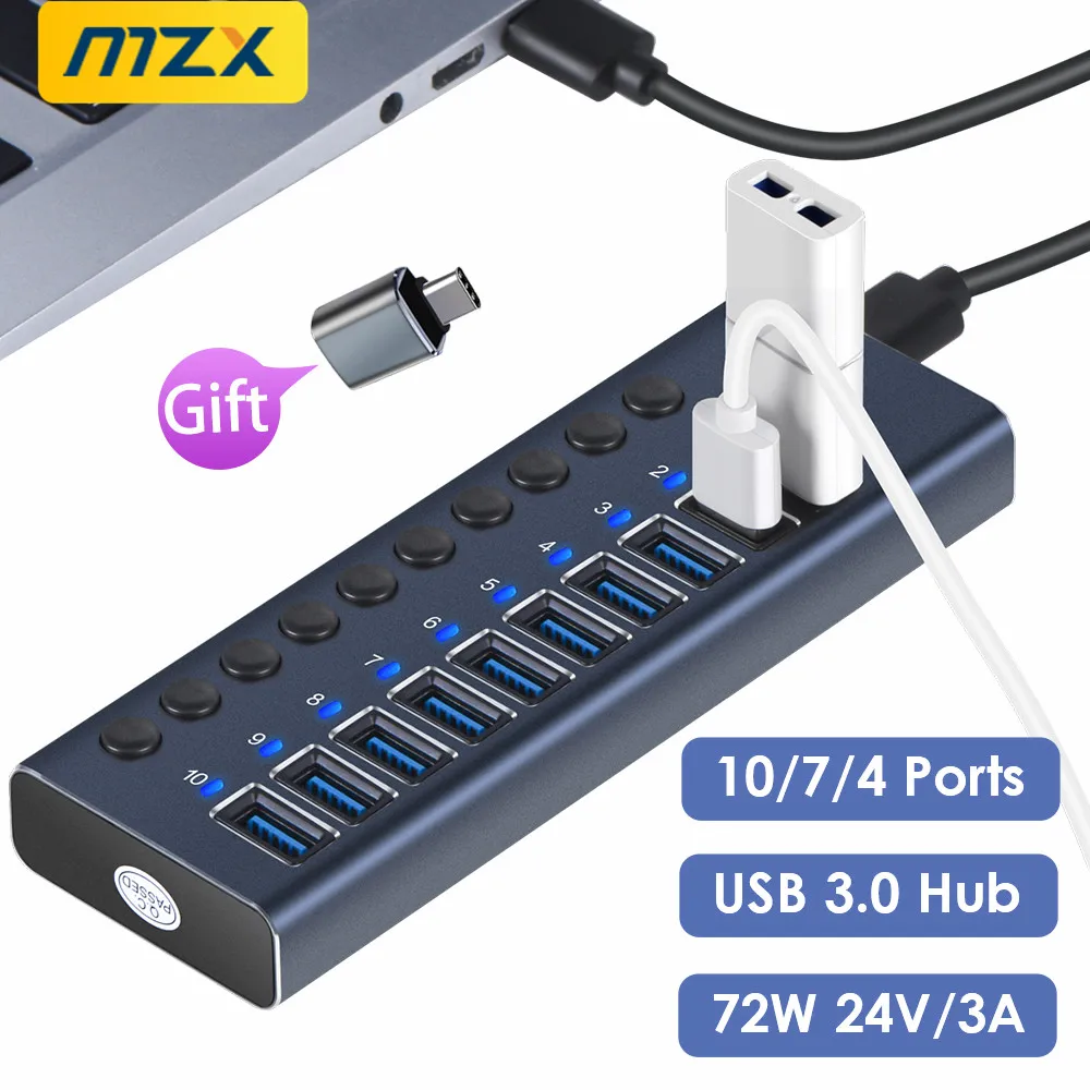 Hub USB 3.0 de 10/7/4 Portas em Alumínio, Divisor Multi-hub com Adaptador de Interruptor para PC e Laptop