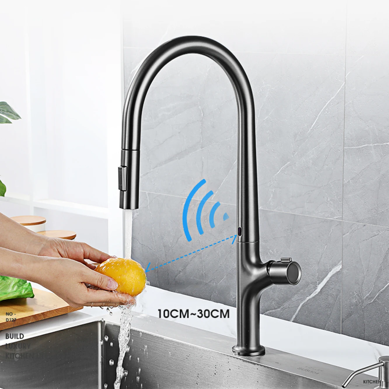 High-end arma cinza latão torneira da cozinha design de indução único punho frio e quente controle duplo 2 função simples torneira da pia - Image 2