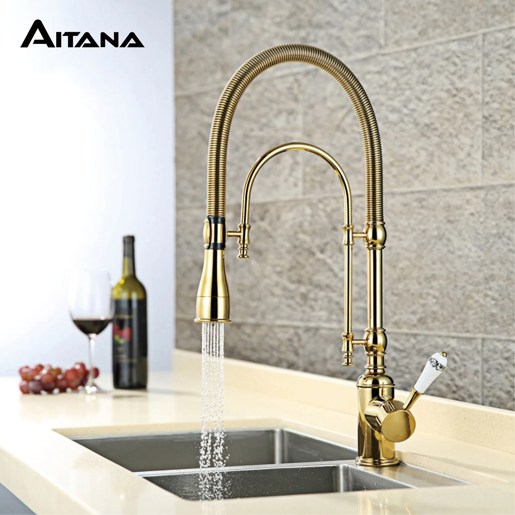AITANA-Torneira de cozinha de latão de luxo com alça dupla, Misturador para pia de 2 funções, Torneira dourada com design retro, quente e frio, controle duplo - Image 2