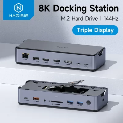 Hagibis-Estação de ancoragem USB C, DP tipo C a 8K, compatível com HDMI, ecrã triplo, M.2 SSD, PD3.0, RJ45, 15 em 1, HUB para PC e portáteis