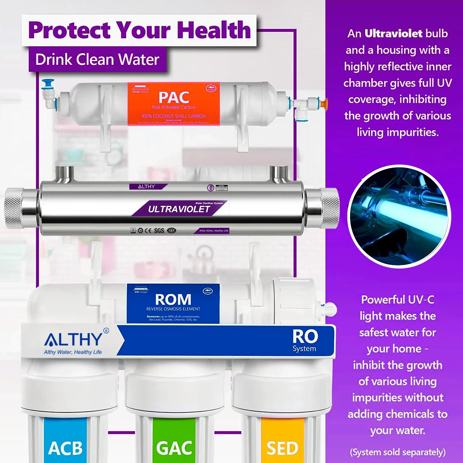 Althy uv ultravioleta esterilizador de água purificador sistema desinfecção filtro lâmpada + interruptor fluxo controle aço inoxidável 1gpm - Image 5