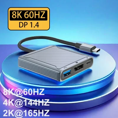 3 em 1 Thunderbolt USB-C para DisplayPort Cabo 8K 60Hz USB C para DP 144Hz com Função Hub Dock para MacBook Tipo C DisplayPort Ad
