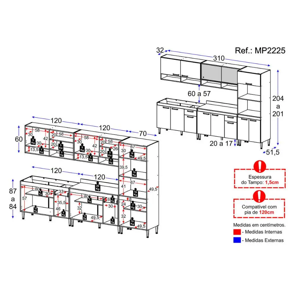 Cozinha Completa Modulada com Armário e Balcão 5 Pçs Paris Multimóveis MP2225 - Image 4