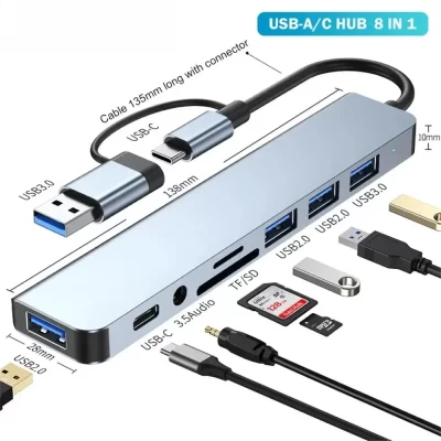 8 em 1 usb c hub expansor multiporta adaptador tipo c divisor doca usb 3 portas para xiaomi telefone tablet carregamento de transferência rápida de dados