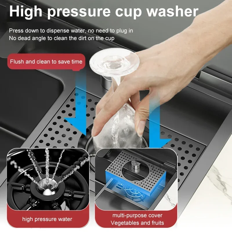 Pia de lavagem de copo escondida com tampa pia de cozinha lavatório de aço inoxidável multifuncional grande slot único para cozinha - Image 3