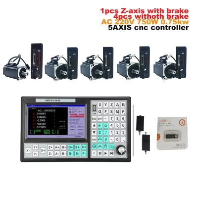 Kit servo para fresadora cnc, controlador cnc de 5 eixos smc5, eixo z, kit de servo motor ac com freio 220v 750w 2.39nm