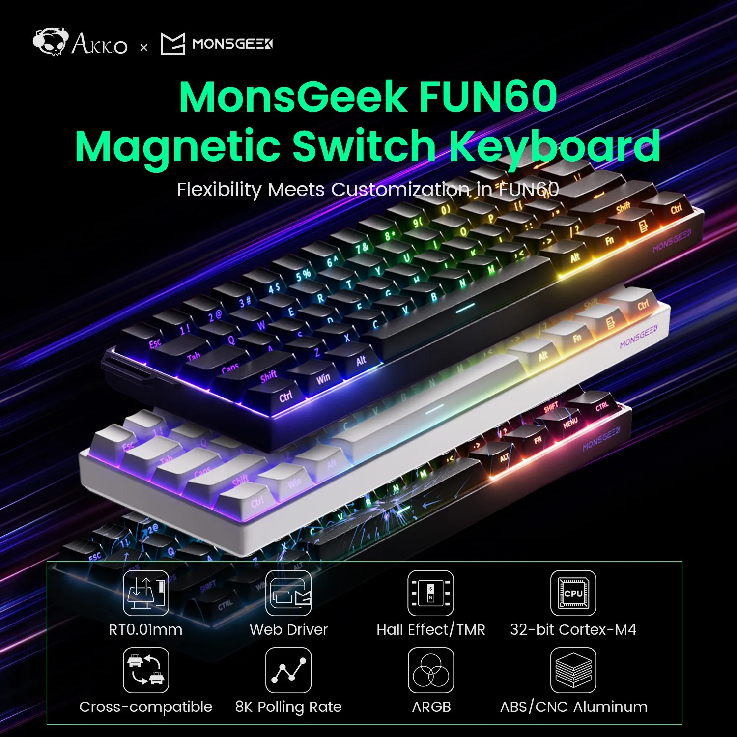 Akko MonsGeek FUN60 Teclado Mecânico Interruptor Magnético 60% Teclados para Jogos Gatilho Rápido 0.01mm 8K ARGB HE/TMR Teclado Personalizado