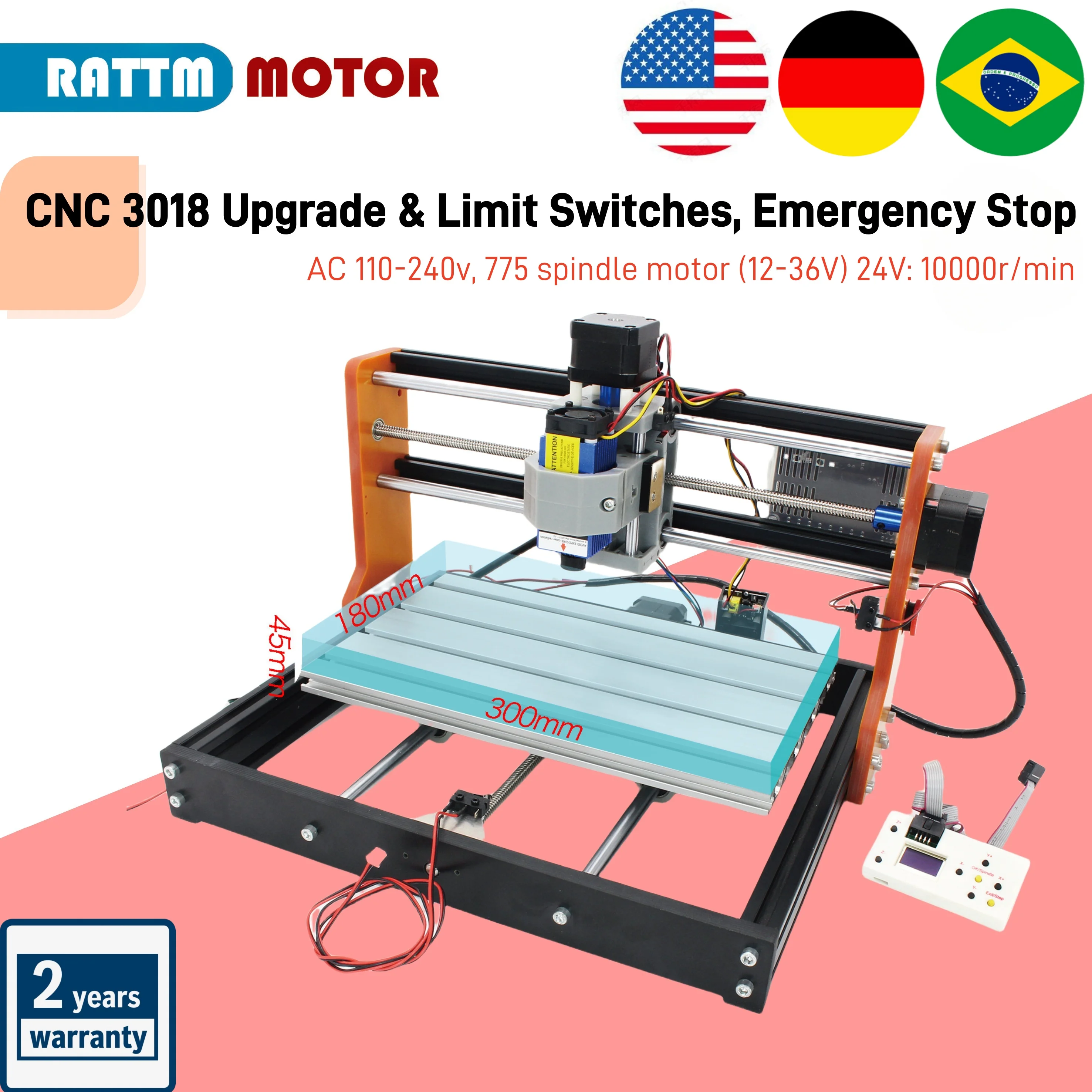 【Estoque nos EUA e UE e BR】 Novo kit de atualização de estrutura de metal de liga de alumina CNC 3018 Plus Nema17 42 Stepper com limite, interface de parada de emergência