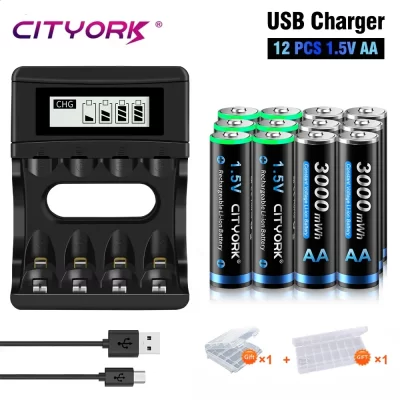 Bateria Recarregável CITYORK 1.5V AA 3000mWh, Baterias de Íon de Lítio Recarregáveis 1.5V AA com Carregador de Bateria Li-ion 1.5V AA AAA